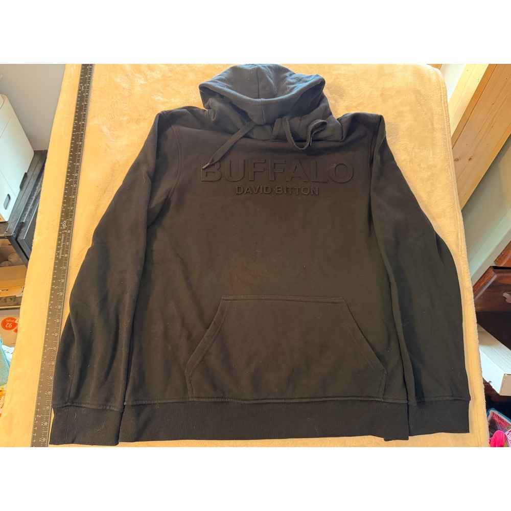 Buffalo David Bitton Mens Black Embossed Logo Hoodie Sweatshirt Kangaroo Pocket